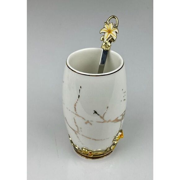 BTaT Brew To A Tea Fancy Ceramic Coffee Tea Mug w/ Spoon Floral White Yellow Gol - Picture 4 of 8